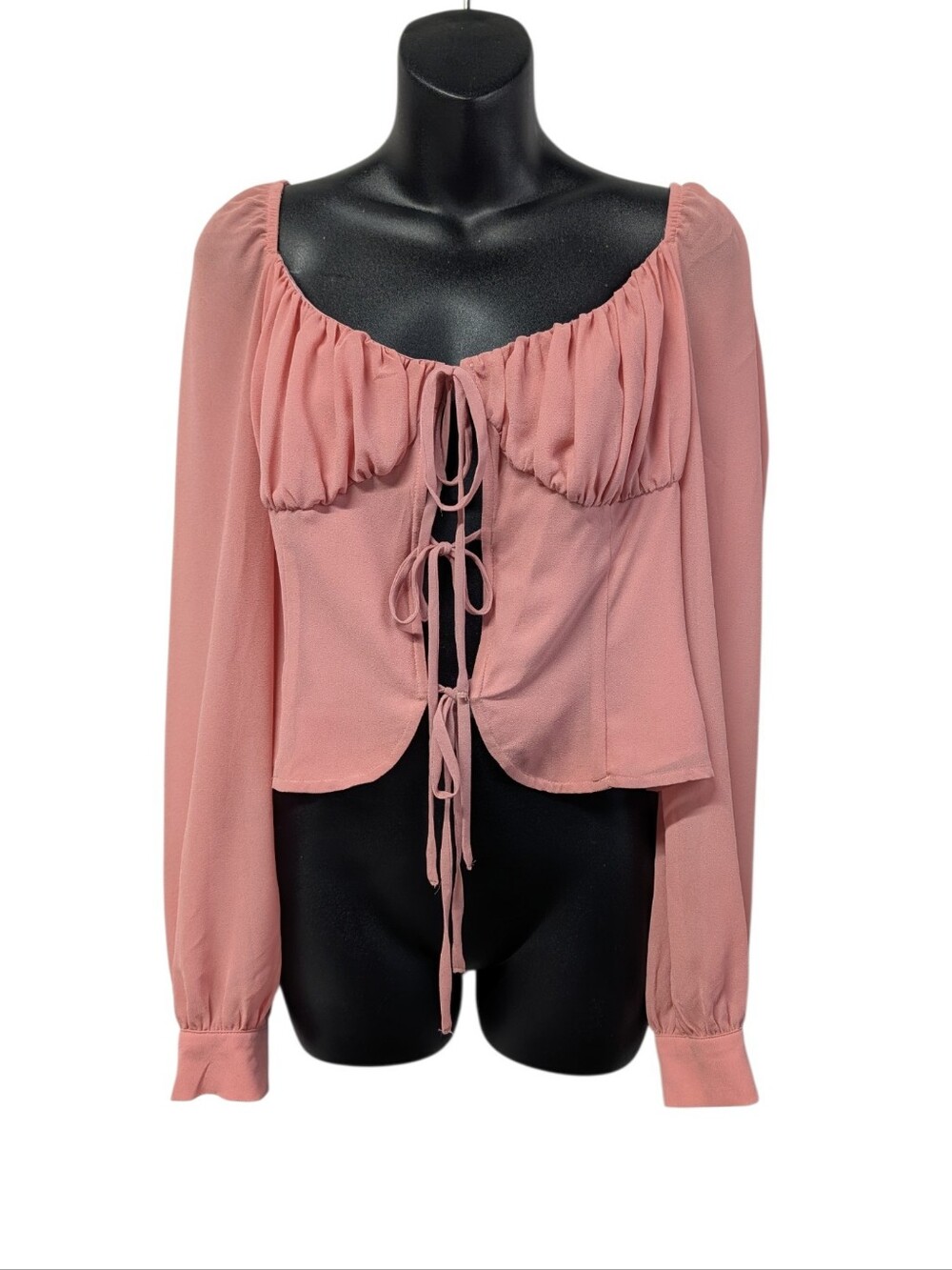 MAJORELLE Pink Chiffon Square Neck Puff Sleeve Tie Front Blouse Size L